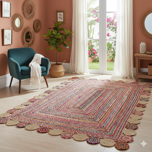 Modern Braided Rug in Multicolour Jute & Cotton Chindi Handmade & Hand washable Rug.