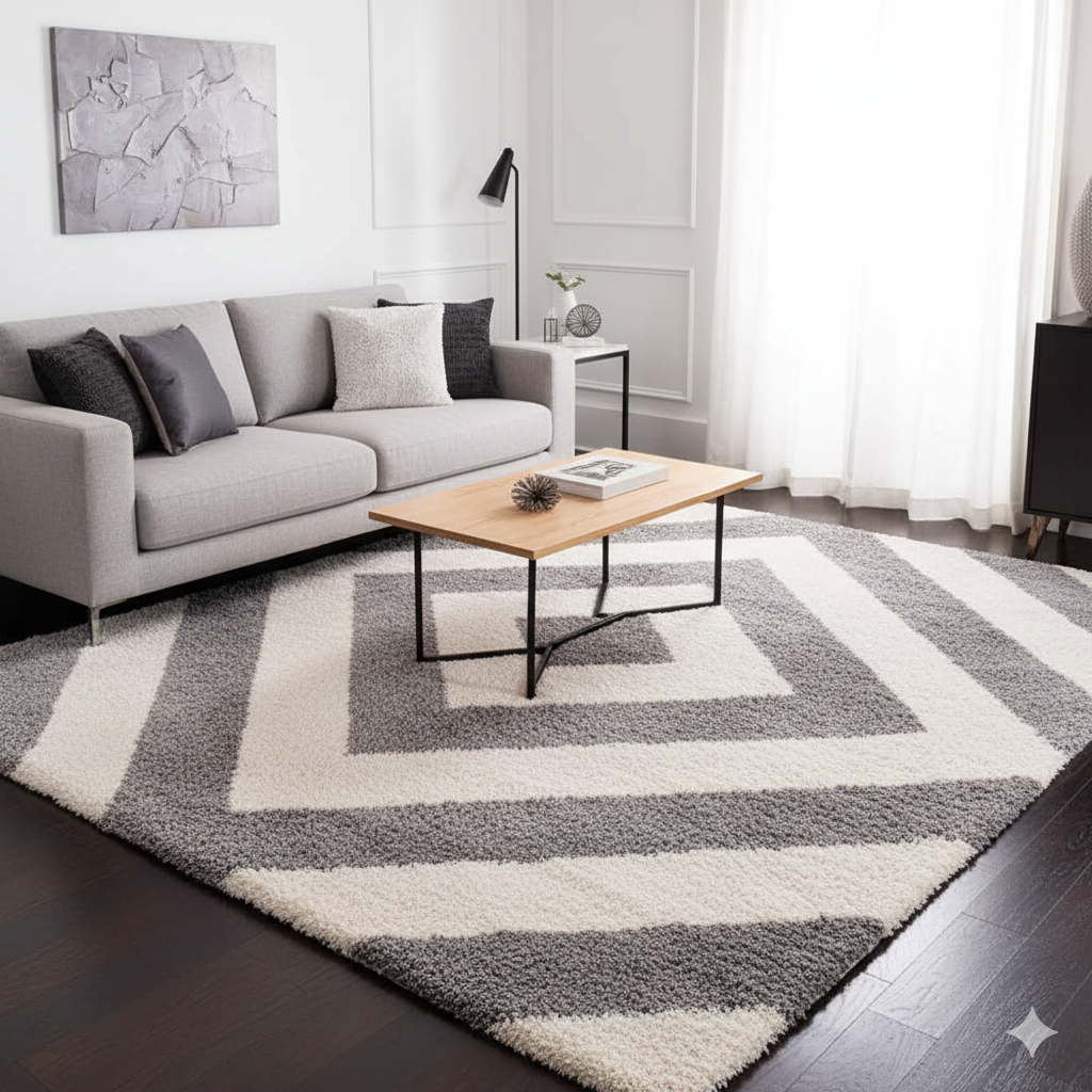 Elegant Cream and Grey Fluffy Moroccan Diamond Rug – Soft Touch with Anti-Slip Rubber Backing