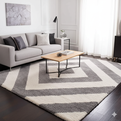 Elegant Cream and Grey Fluffy Moroccan Diamond Rug – Soft Touch with Anti-Slip Rubber Backing