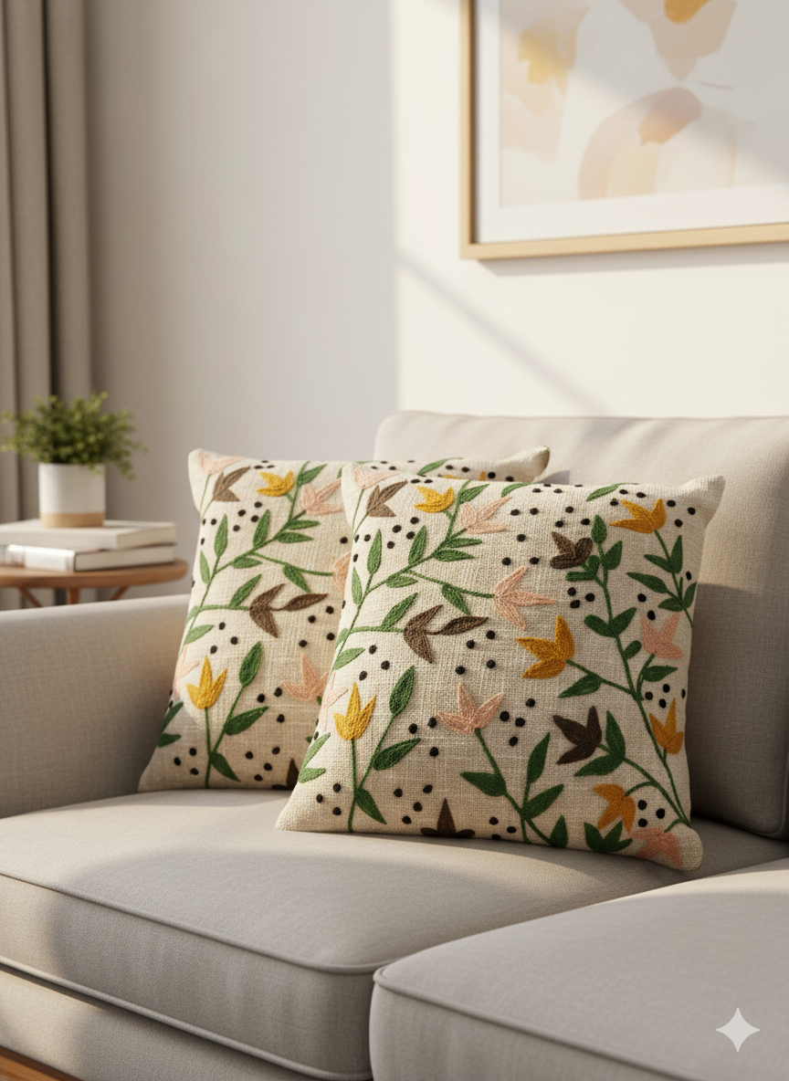 Elegant Designer Cushion Covers – Soft & Durable with Beautiful Floral Embroidery for Living Room  Sofa-10 ( size 16x16 inch )