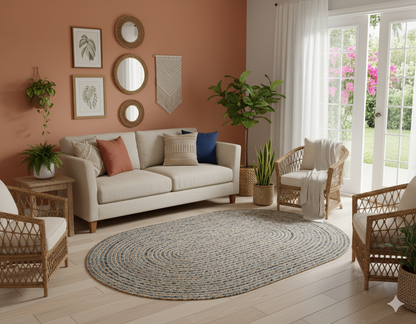 Hand braided Denim and Jute Rug – Beautiful Oval Design