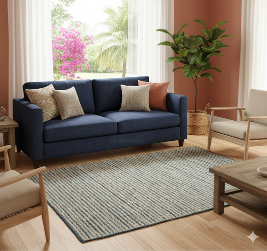 Jeans With Natural Jute Hand Braided Rugs.