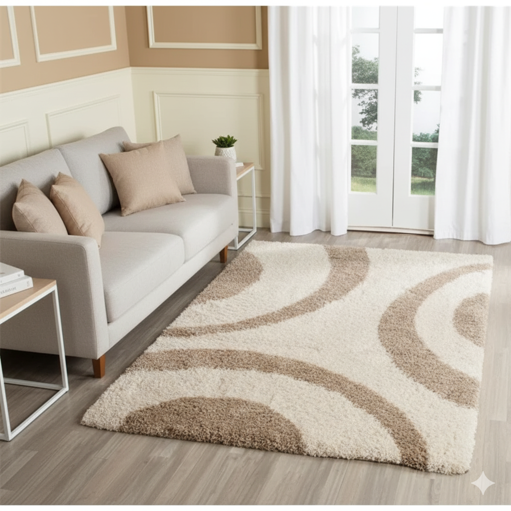 Ivory with Beige Zebra Shaggy Rug – Soft Feel with Anti-Skid Rubber Backing, Microfiber Hand Tufted