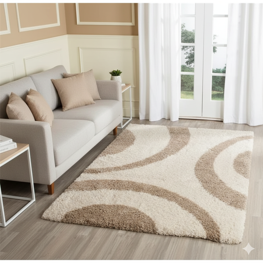 Ivory with Beige Zebra Shaggy Rug – Soft Feel with Anti-Skid Rubber Backing, Microfiber Hand Tufted