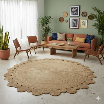 Kashyaparugs handwoven braided natural jute round carpet with scalloped circle borders – shed-resistant