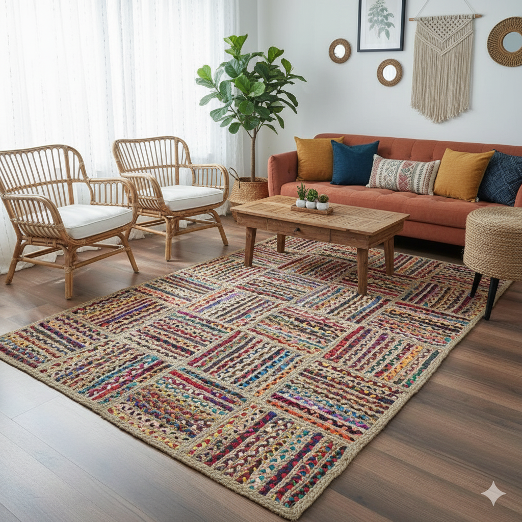 Handwoven braided natural jute and cotton chindi rug with patchwork texture in earthy tones, shown on a living room floor