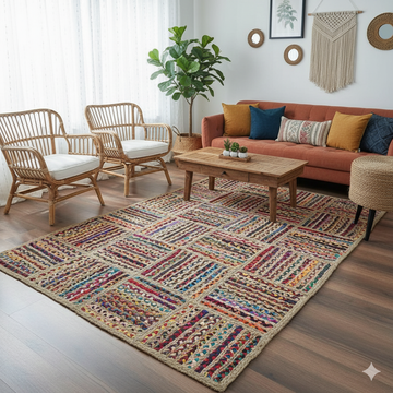 Handwoven braided natural jute and cotton chindi rug with patchwork texture in earthy tones, shown on a living room floor