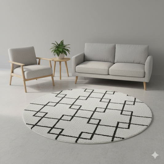 Ivory Round Carpet with Black Geometric Line Design – Soft Feel with Anti-Skid Rubber Backing