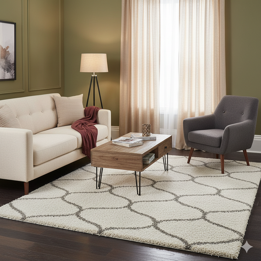 Premium Ivory & Grey Lining Moroccan Fluffy Rug – Super Soft Microfiber – Soft Touch & Anti-Skid Rubber Base