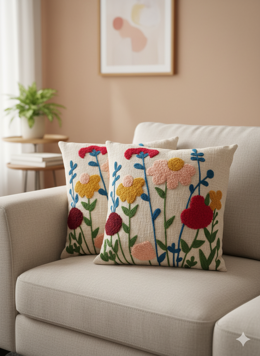 Elegant Designer Cushion Covers – Soft & Durable with Beautiful Floral Embroidery for Living Room Sofa-011