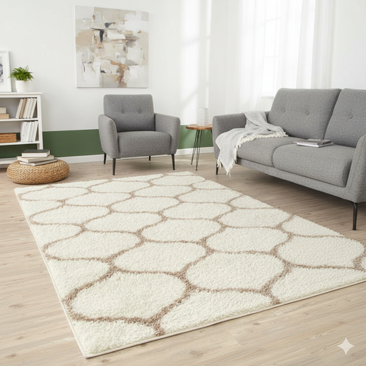 Cream and Beige Moroccan Lattice Microfiber Rug – Soft Feel & Anti-Skid Rubber Backing