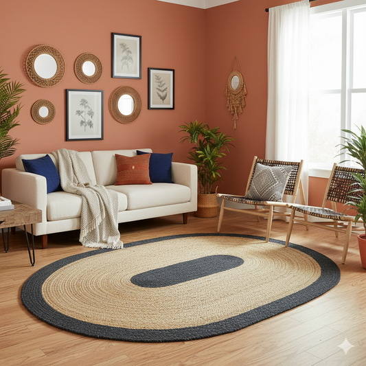 Black Cotton With Natural Jute Oval Area Rug.