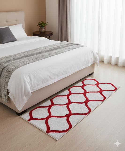 Red & White Geometric Bedside Runner – Soft Microfiber, Anti-Skid Rubber Backing