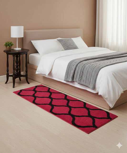 Red & Black Geometric Bedside Runner – Soft Microfiber, Anti-Skid Rubber Backing