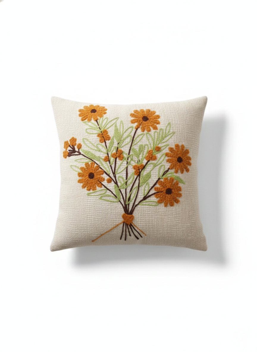 Orange Floral Embroidered Cushion Cover | Botanical Flower Bouquet Decorative Pillow Cover for Sofa & Living Room