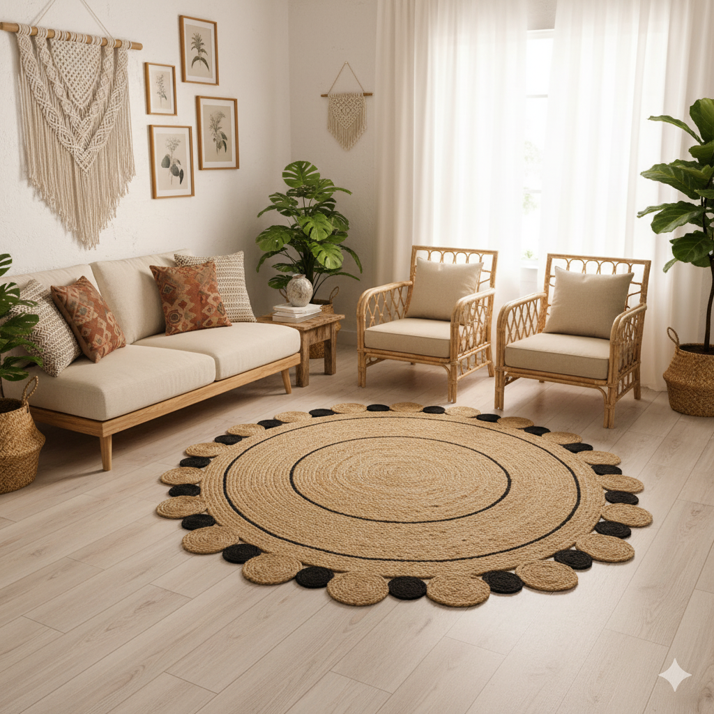 Kashyaparugs hand-braided 100% natural jute round carpet with black tikki border – eco-friendly