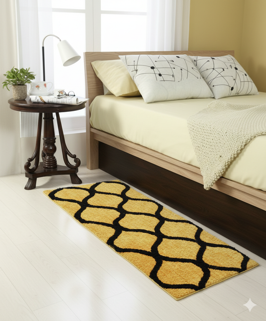 Yellow & Black Geometric Bedside Runner – Soft Microfiber, Anti-Skid Rubber Backing