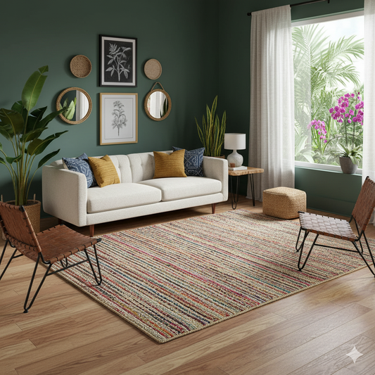 Natural Jute with Multicolor cotton Dye Scalloped Design Handmade Braided Farmhouse Rectangle Jute Area Rug.