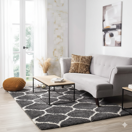 Premium Dark Grey and Ivory Moroccan Pattern Microfiber Rug – Plush Comfort, Non-Slip Base