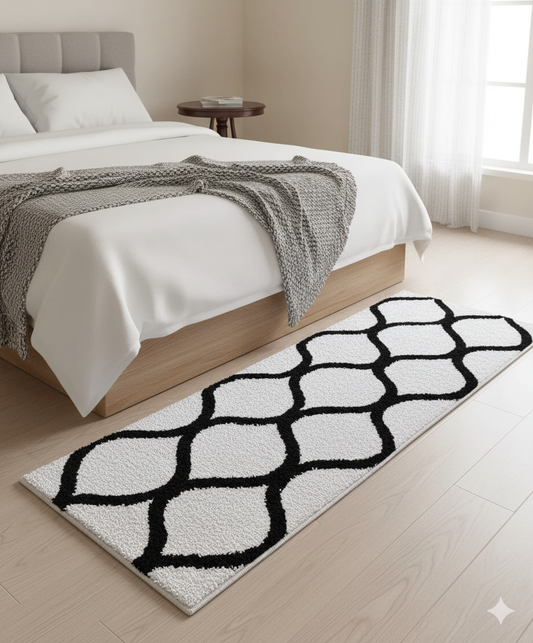 Black & White Geometric Bedside Runner – Soft Microfiber, Anti-Skid Rubber Backing