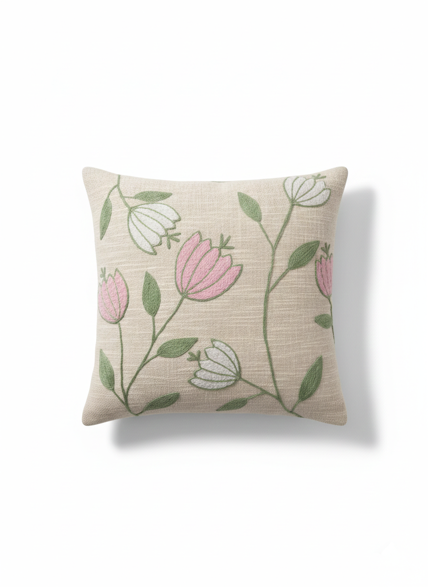 Pink & Green Floral Embroidered Cushion Cover | Decorative Throw Pillow Cover for Sofa & Living Room