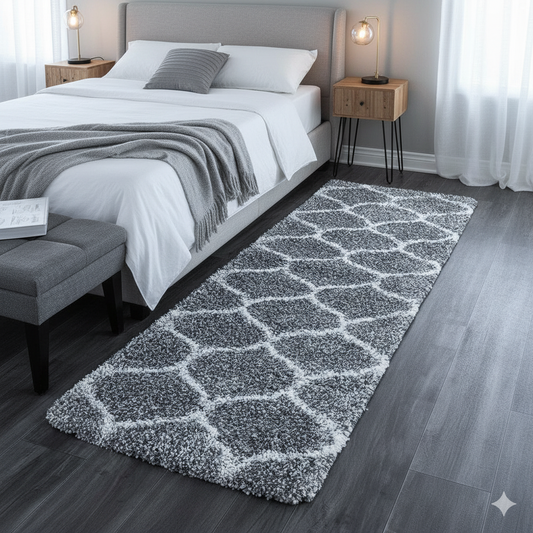 Premium Grey and Ivory Moroccan Style  Extra Soft Microfiber Bedside Runner -  Soft Feel, Anti-Skid Rubber Backing