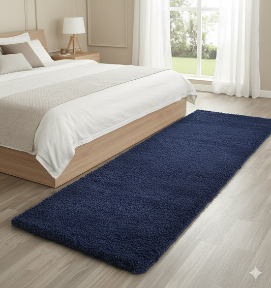Navy Blue Plain Premium Shaggy Bedside Runner - Soft Feel, Anti-Skid Rubber Backing