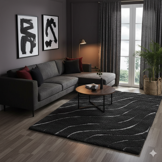 Black Waves Premium Microfiber Shaggy Carpet Rug – Soft Feel with Anti-Skid Rubber Backing