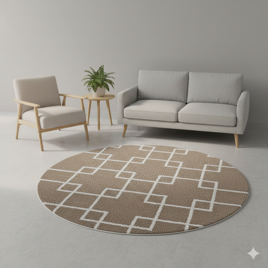 Extra Soft Beige with White Line Microfiber Round Carpet – Soft Feel & Anti-Skid Rubber Backing