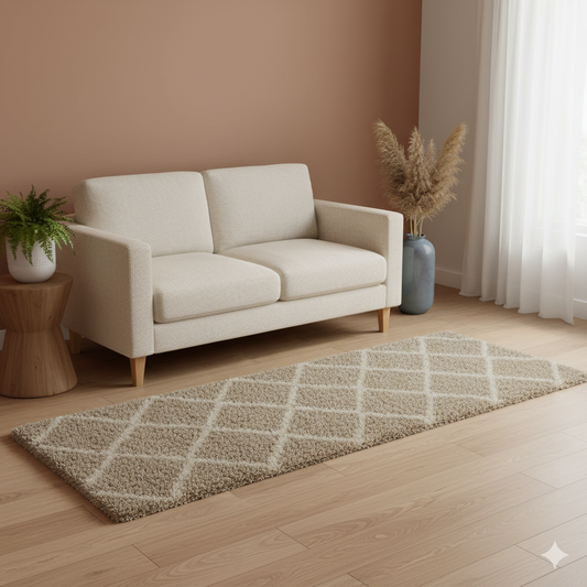 Ivory & Beige Bedside Runner – Soft Microfiber, Anti-Skid Rubber Backing