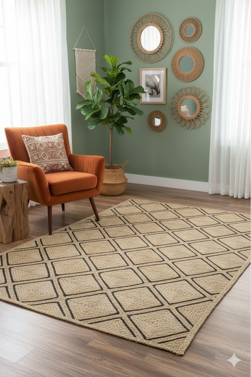 Handwoven natural jute area rug with black geometric diamond pattern, braided texture for modern, bohemian, and earthy interiors