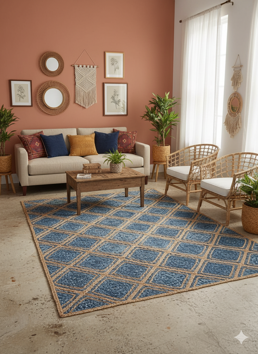 Handwoven natural jute and denim braided area rug with diamond design, organic earthy texture for modern, bohemian, and coastal interiors