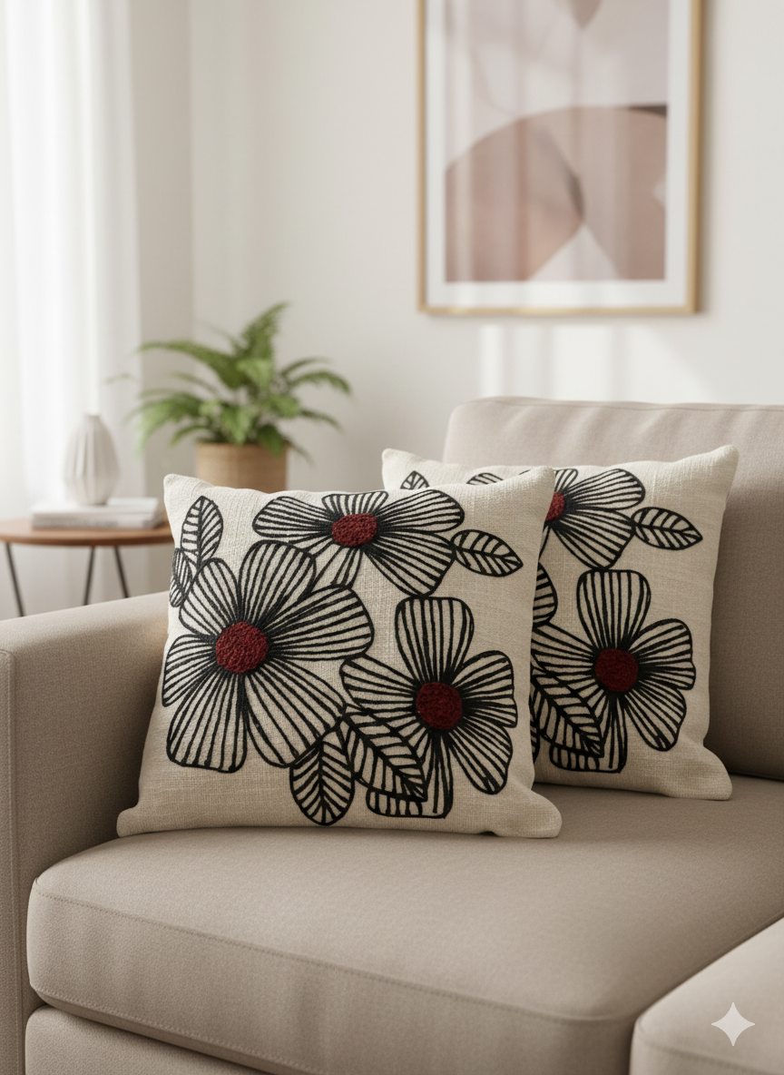 Elegant Designer Cushion Covers – Soft & Durable with Beautiful Floral Embroidery for Living Room Sofa-001