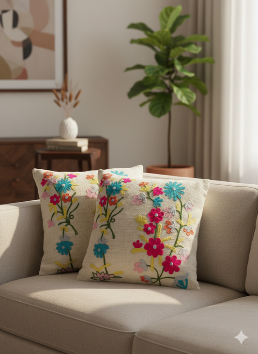 Elegant Designer Cushion Covers – Soft & Durable with Beautiful Floral Embroidery for Living Room Sofa