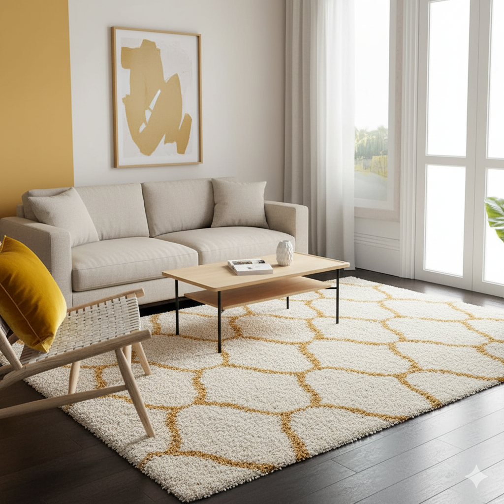 Premium Mustard-Ivory Moroccan Style Shaggy Rug – Plush Soft Touch, Non-Slip Rubber Base