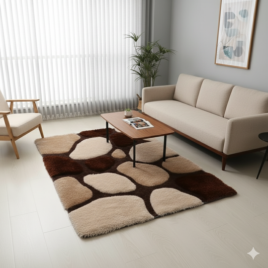 Brown & Beige 3D Stone Design Shaggy Carpet – Soft Feel with Anti-Skid Rubber Backing