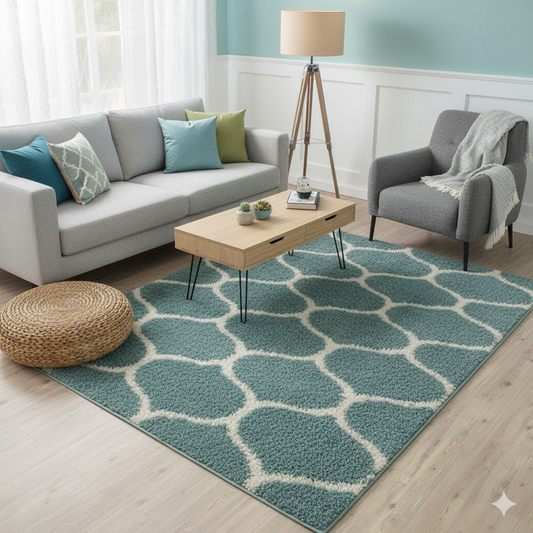 Luxury Micro Aqua and Ivory Moroccan Design Carpet – Soft Feel & Anti-Skid Rubber Backing