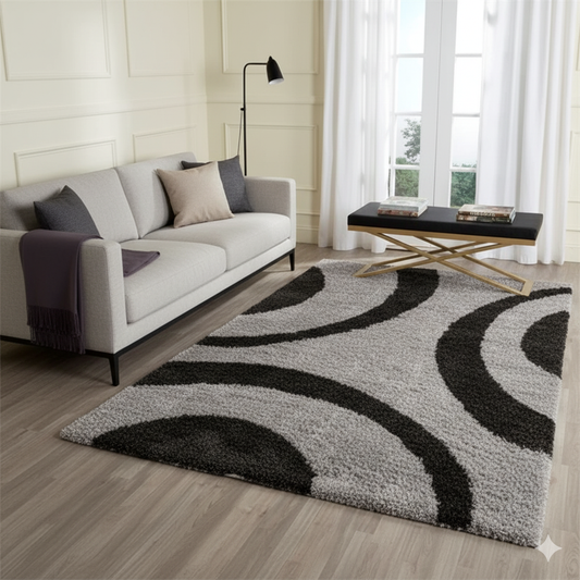 Black & Grey Abstract Pattern Microfiber Carpet – Luxurious Soft Touch, Anti-Skid Base