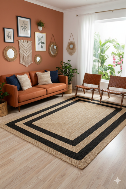 Natural & Black Double Border Jute Area Rug.