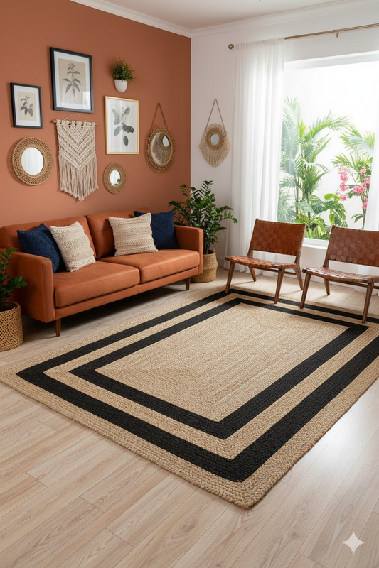 Natural & Black Double Border Jute Area Rug.