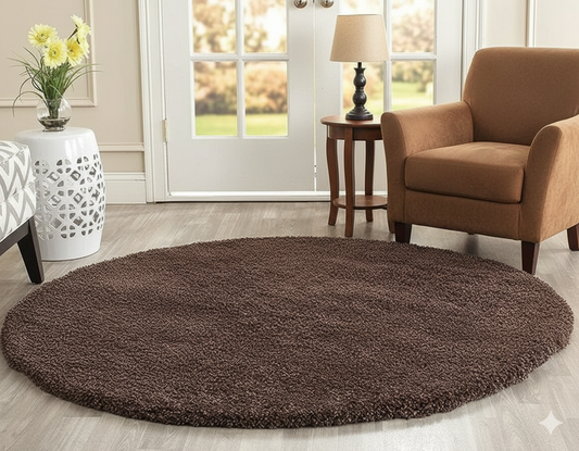 Coffee Plain Premium Microfiber Round Shaggy Rug – Soft Touch & Anti-Skid Rubber Backing