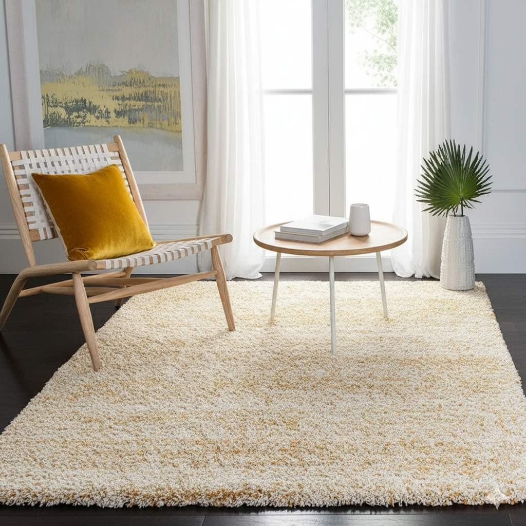 Mustard & Ivory Multi Shade Designer Carpet – 2 Inch Pile – Soft Feel with Anti-Skid Rubber Backing