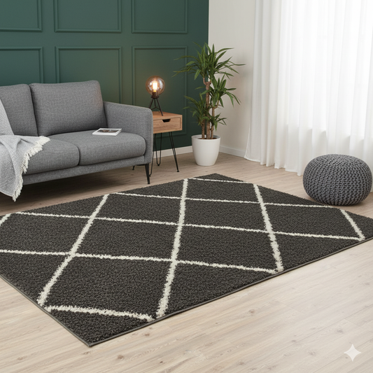 Black with Ivory Diamond Pattern Shaggy Rug – Hand-Tufted Microfiber Carpet – Soft Feel & Anti-Skid Rubber Backing