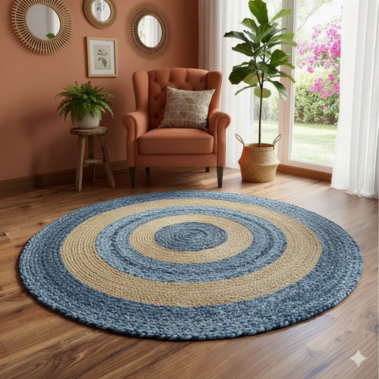 Handmade Recycled Jute & Denim Braided Carpet – Colorful Contemporary Eco-friendly – Multiple Sizes
