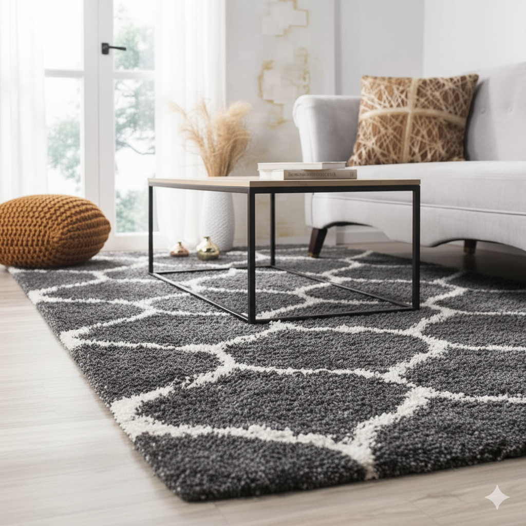 Premium Dark Grey and Ivory Moroccan Pattern Microfiber Rug – Plush Comfort, Non-Slip Backing