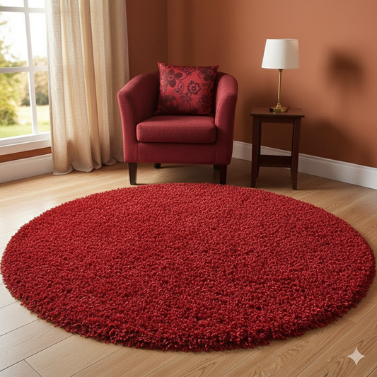 Premium Plain 2 inch Long pile Red Round Shaggy Rug – Soft Touch & Anti-Skid Base