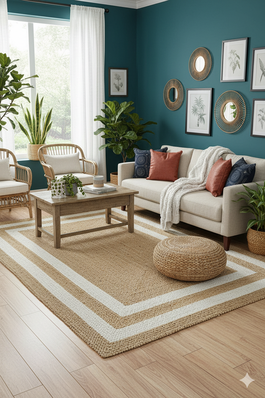 Natural and Bleached Double Border Jute Handmade Braided Area Rugs.