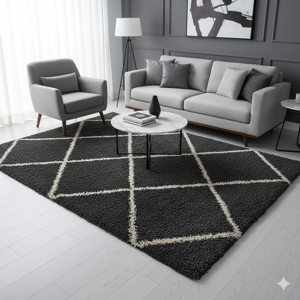 Black & White Premium Microfiber Carpet – Soft Feel with Anti-Skid Rubber Backing
