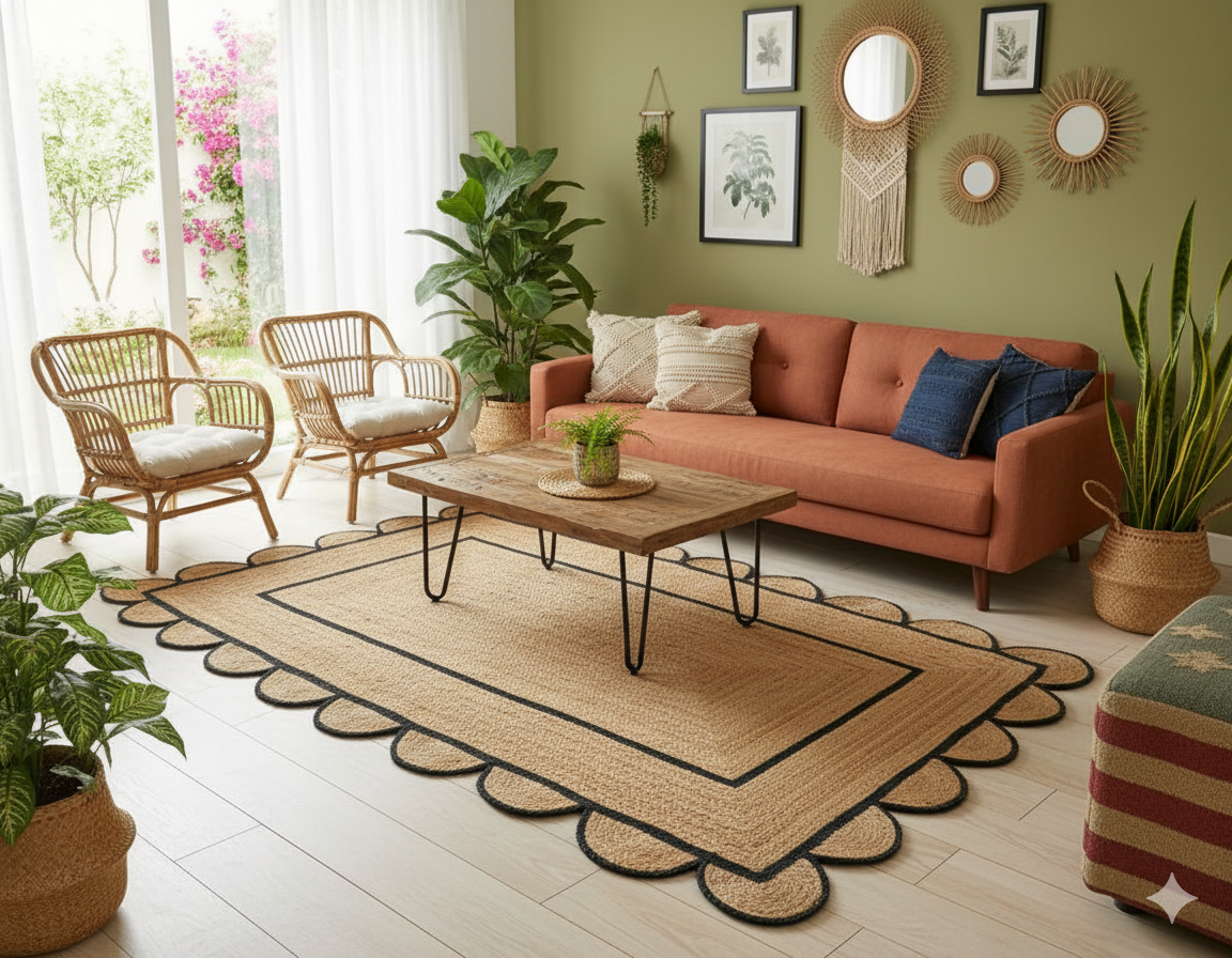 Natural Jute With Black Dye  Scalloped Design Handmade Braided Farmhouse Rectangle Jute Area Rug.