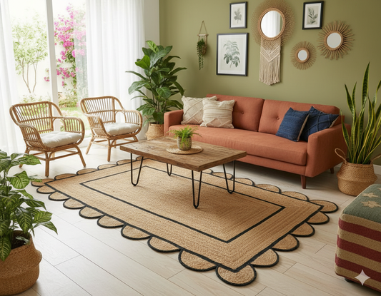 Natural Jute With Black Dye  Scalloped Design Handmade Braided Farmhouse Rectangle Jute Area Rug.